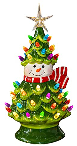 FUNPENY Albero di Natale in ceramica da 28 cm, pre-illuminato, a batteria, con 50 luci multicolori, decorazioni per la tavola di Natale per interni e interni, centrotavola