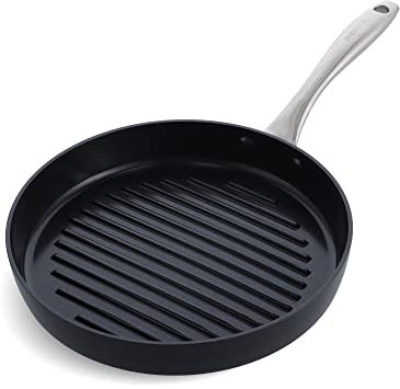 GreenPan Lima Midnight Poêle à griller ronde antiadhésive en céramique saine anodisée de 28 cm, sans PFAS, va au lave-vaisselle, convient à la cuisson par induction, va au four, noir