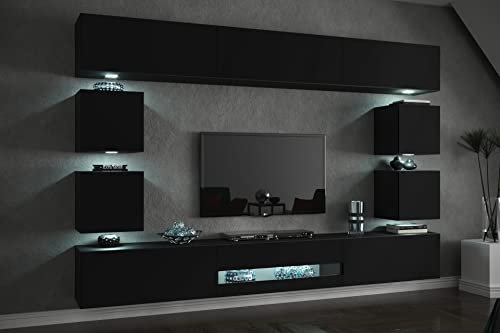Furnitech Wohnwand Wohnzimmer | Moderner Wohnzimmerschrank mit LED RGB - 16 Farben | Hängend Wohnwand | Wohnzimmer Schrankwand mit Regalen und TV Schrank