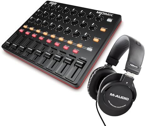 AKAI Professional MidiMix + auriculares HDH40 de M-Audio - Mezclador y controlador MIDI USB con Auriculares de estudio de diseño cerrado para grabación y monitorización en estudio