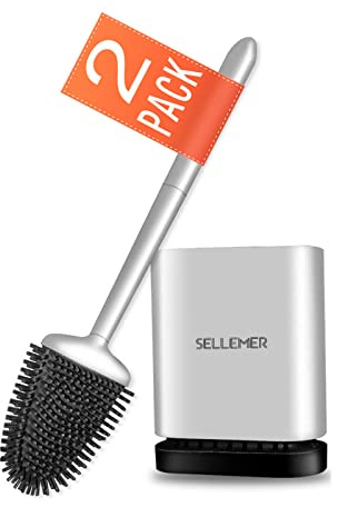 Sellemer Toilet Brush and Holder 2 Pack for Bathroom, Flexible Toilet Bowl Brush Head with Silicone Bristles, Compact Size for Storage and Organization, Ventilation Slots Base (Silver)