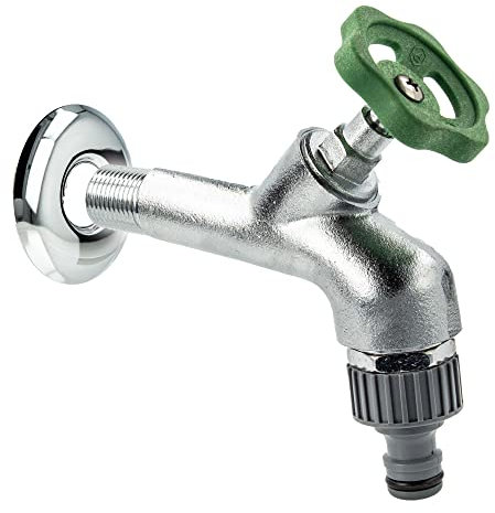 tecuro Auslaufventil 1/2 Zoll, Handrad-Oberteil, Steckkupplung, Wandrosette, Dichtband - Messing mattverchromt - 22700-PWD