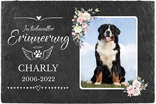 PfotenSchild Schieferplatte Gedenktafel für Hund & Katze - mit Foto und Name Bedrucken - In liebevoller Erinnerung - Tiergrabstein, wetterfest - Schiefertafel 20x30cm I personalisiert