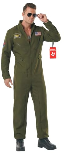 Morph, Fighter Pilot Costume, Halloween Costumes for Men | Green Aviator Jumpsuit, Sunglasses, Dogtag Necklace Included, Perfect for Halloween, Great for Fancy Dress