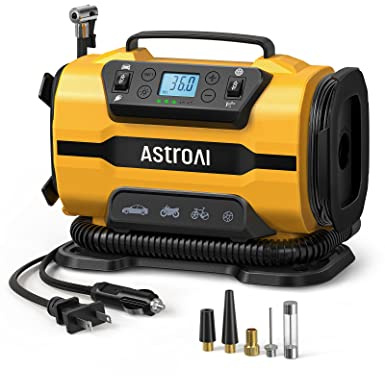 AstroAI Tire Inflator Portable Air Compressor Pump 150PSI 12V DC/110V AC with Dual Metal Motors&LED Light, Automotive Car Accessories&Two Modes for Car, Bicycle Tires and Air Mattresses, Yellow