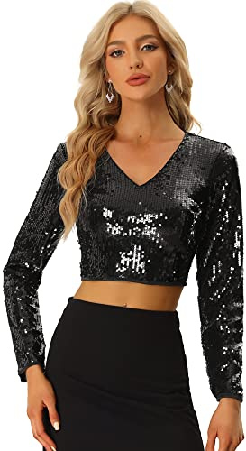 Allegra K Sequin Crop Top for Women Long Sleeve V Neck Sparkly Shiny Party Blouse Shirt Black L