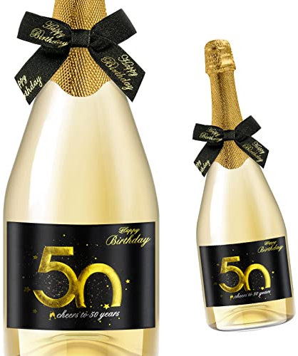 Giftota 2 Stück 50 Geburtstags-Flaschenetikett & Geschenkschleifen - Weinetiketten Personalisiert Selbstklebend für Sekt und Schaumwein - 50 Geburtstag Deko - Geburtstags-Geschenk für Männer & Frauen