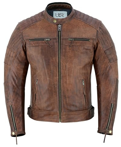 BTR BORN TO RACE Giacca da moto da uomo in pelle di alta qualità, con cerniera, protezione da moto, Naturale Antico Marrone-giacca, 66
