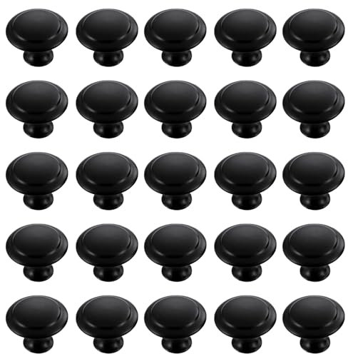 TRKETK 25 Piezas Tiradores Redondos para Gabinete, Pomos de Puerta Negros de Acero Inoxidable, para Armario y Cajón, Forma de Seta Con Tornillos de Montaje (30 mm)