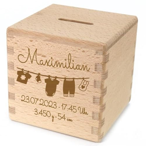Elefantasie Spardose personalisiert zur Geburt mit Namen graviert Sparwüfel zur Taufe Motiv Wäscheleine
