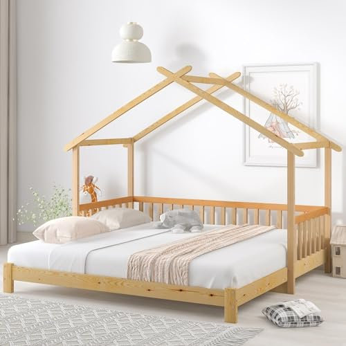 KnSam Erweiterbares Baumhausbett, Hausbett, Kinderbett, Tagesbett, Einzel- und Doppelbett, reines Massivholz, Natur (200x90cm)
