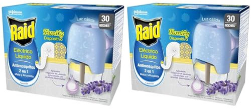 Raid® Eléctrico líquido Family Lavanda 30 noches - Enchufe anti mosquitos común y tigre 2 en 1, mata y ahuyenta. Aparato + Recambio, fragancia Lavanda (Paquete de 2)