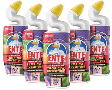 WC Ente Total Aktiv Gel Flüssiger WC Reiniger, mit EntenhalsTechnologie, antibakteriell, Tropical Adventure, 5er Pack (5 x 750 ml)