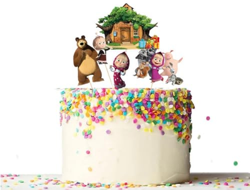 Cake Topper Picks con cartoncino sagomato 5pz personaggio a scelta per compleanno ed eventi di ogni genere elementi decorativi decorazioni per dolci (Masha e Orso)