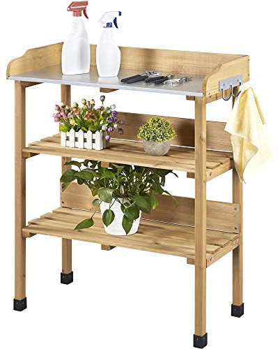 Yaheetech Table de Rempotage Extérieure en Bois Table pour Semis Bois Sapin avec Étagère de Rangement 3 Crochets Latérales Couleur Bois