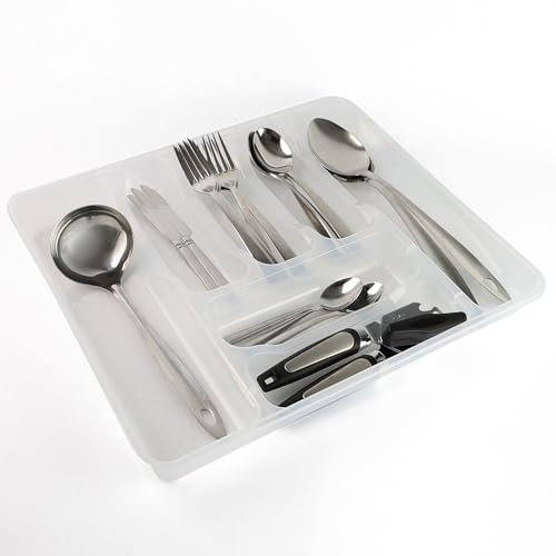 DIVCHI Cutlery Tray Kitchen Drawer Organiser 7 Compartments Utensil Spoon Fork Holder Silverware Flatware Storage Rack (Transparent)