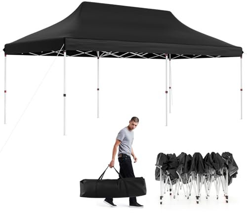 COSTWAY 6x3M Pop-up Gazebo, Height Adjustable Instant Marquee Party Canopy Tent with Carrying Bag, Large Waterproof Commercial Sun Shelter for Outdoor Wedding Camping (Black, 296-316cm)
