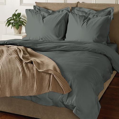 Pizuna Coton Luxueux Ensemble de Housses de Couette 140x200 cm 1 Personne Gris Fonce, Tissu de Satin de Coton à 800 Fils au Pouce carré Housse de Couette Respirante avec Fermeture à Boutons