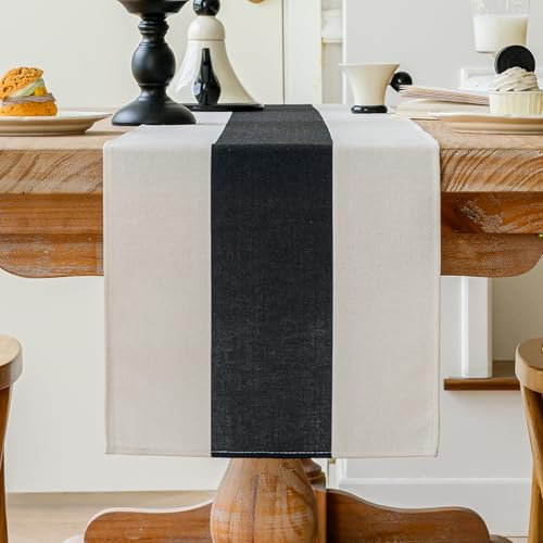 Vorysum Tischläufer Modern Dekoration Tischläufer Wasserabweisend Leinen，Tischläufer Abwaschbar，Tischdecke Outdoor Sommer Garten für Hochzeit Esszimmer Party Urlaub (Schwarz, 33 x 183 cm)