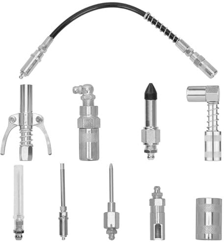 9pcs Grease Gun Accessories with Grease Gun, Gun Coupler Set Grease Gun Nozzle Tips Fitting Adapters with Grease Gun Kit Attachment Tool for Reach Any Machine Automobiles Farm Equipment Trucks