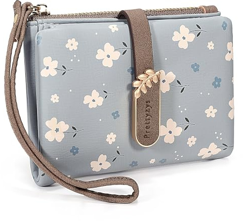 UTO Mini Geldbörse Damen Kleines Portemonnaie Blumen Viele Fächer mit Münzfach PU Leder Druckknopf Reißverschluss Leicht Brieftasche für Frauen Slim Portmonee Jungen Geldbeutel für Geschenk Blau