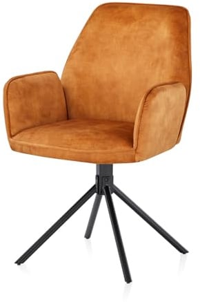 KHG Esszimmerstuhl, Küchenstuhl mit Armlehnen Velours Curry, Stuhlbeine Metall lackiert, Polsterstuhl, Essstuhl, Stuhl, für Esszimmer Küche Büro