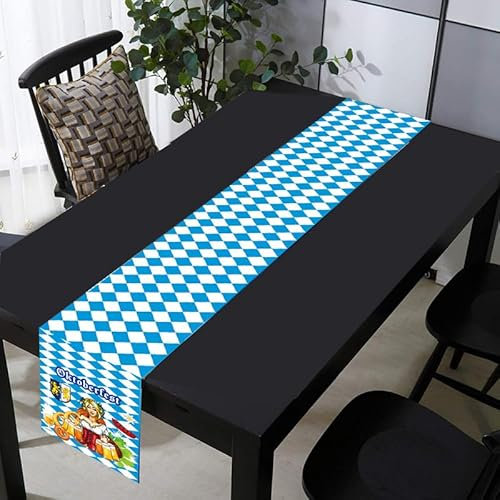 Qpout Oktoberfest Tischläufer, 30x180cm Oktoberfest Deko Tischläufer, Blau Weiß Tischläufer, Bayerische Tischdeko