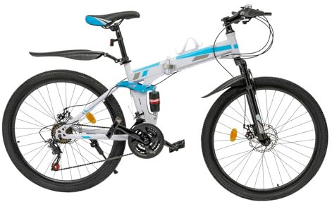 JUDEMII 26 Zoll Klappbar Mountainbike mit Top Konfigurationen BlauWeiß Fahrrad mit 21 Gang Mountainbike mit Schutzbleche Höhenverstellbar für 160-180 cmDamen & Herren