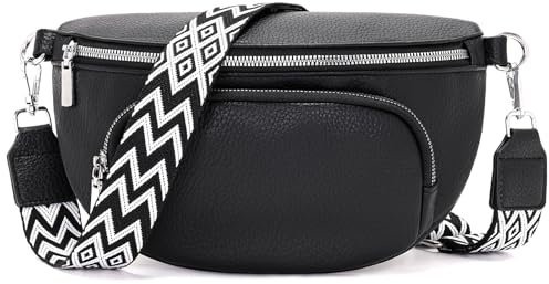 Rorimyth Bauchtasche Damen Schwarz Umhängetasche Damen Klein Veganes Leder Handtasche Crossbody Bag Gürteltasche Brusttasche Hüfttasche
