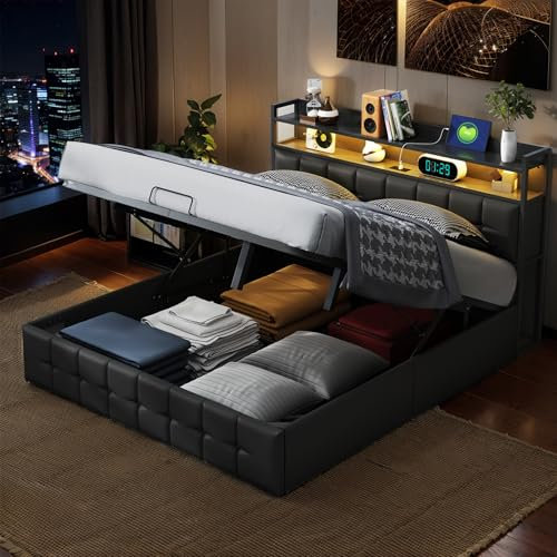 fortuna Lai Lit Coffre 160x200 avec Sommier, Lit 2 Personnes Capitonné avec éclairage LED et USB et Sommier à Lattes, Fonction de Charge, PU (Noir, 160x200 cm)