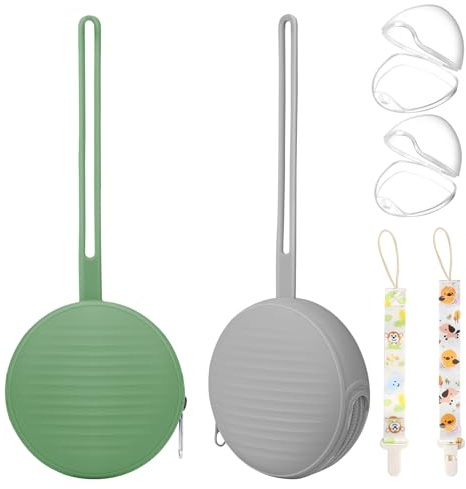 sopkdey Silicone Pacifier Holder Case Set - 2 Portable Binky Pouches with 2 Transparent Storage Boxes & 2 Pacifier Clips, BPA Free