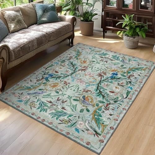 TUKDAK Vogel Waschbar Teppich Wohnzimmer 120×180cm, Blau Vintage Küche Teppich mit Rutschhemmender Gummirückseite, Weich Kurzflor Schlafzimmer Carpet, Boho Tier Kinderzimmer Esszimmer Büro Matte