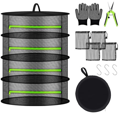 Aragallant Red de Secado para Hierbas y Plantas - Malla Plegable de 4 Capas, con Cremallera - Incluye Gancho en S, Bolsa de Almacenamiento y Tijeras