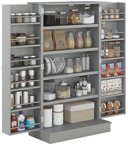 HOMCOM Armoire de Cuisine Buffet Cuisine vaisselier Meuble de Rangement Moderne avec placards, étagère réglable et 12 Porte-épices, Garde-Manger pour Salle à Manger, Salon, 60 x 30 x 104 cm, Gris