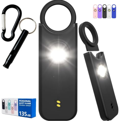 Alarma Personal para Mujeres Niños y Ancianos - 135 decibelios, con Silbato de Emergencia, Luz Estroboscópica, Linterna, Avisador de Batería Baja. Defensa Personal y Seguridad