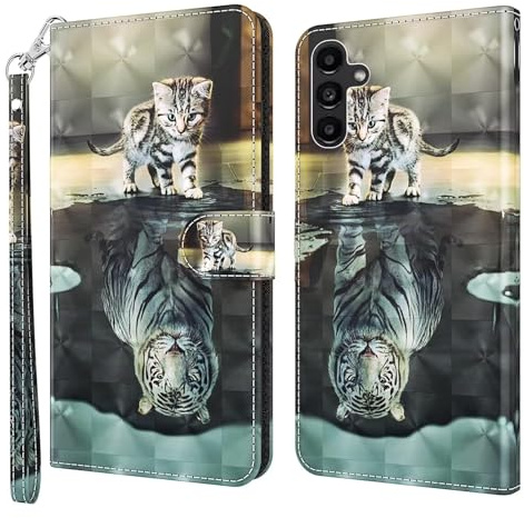 Bnvdfre Handyhülle für Samsung A17 Hülle Wallet Lederhülle Standfunktion Magnetverschluss Stoßfest Flip PU Leder Cover Case Klapphülle für Samsung Galaxy A17 5G/4G-Katze Tiger