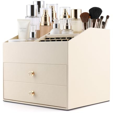 Homeanda Faux Leather Makeup Organiser with 2 Drawers – Cosmetic Storage Box for Skincare, Lipstick & Jewellery – Compact Vanity Organizer for Dressing Table (Beige, 25x18x21.5cm)