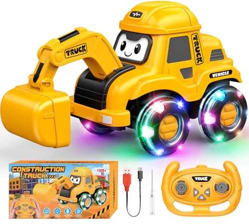 HappyGoLucky Digger Remote Control Cars, Toddler Toys for 1-4 Year Old Boys Girls Gifts, Outdoor Toys Garden Games, Kids Car Rechargeable Construction Tractor Toy With LED Light Tires