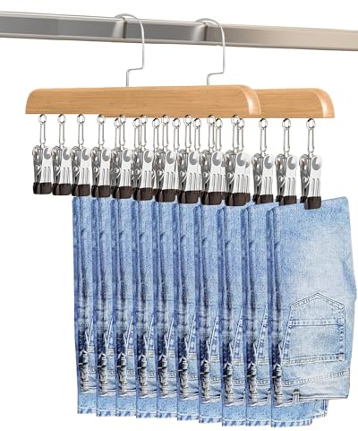 WJWSKI Lot de 2 Cintre Pantalon en Bois, Cintre Gain de Place, Cintre Pince, Le Cintre pour Pantalons Convient au Rangement de Pantalons, Chapeaux, Chaussettes, sous-vêtements et Plus (Naturel)