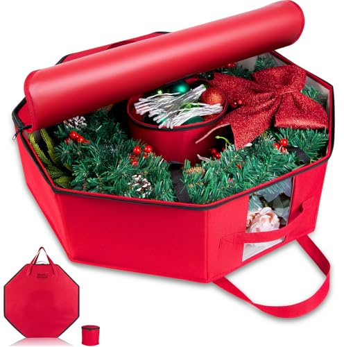 BrilliantJo Wreath Storage Christmas Garlands Bag with Interior Pockets duty 600D Oxford Fabric 24 Inch Xmas Container Box for holiday Decorations Case Zipper Handles Labeling Card Slot Red