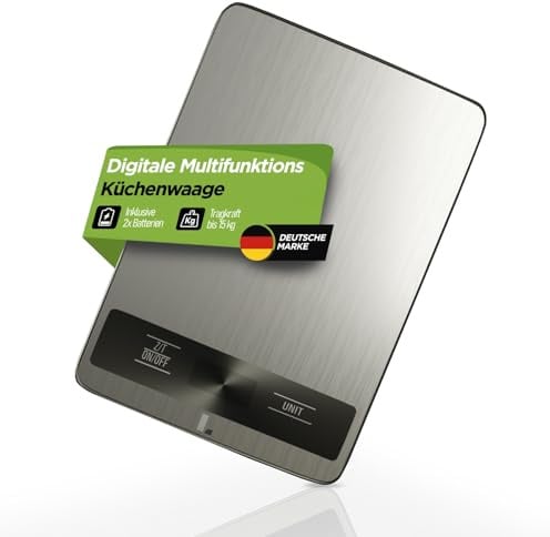 LUNARIA Digitale Küchenwaage 15 kg [PREMIUM] – hochpräzise Lebensmittelwaage aus Edelstahl/Kunststoff, große Wiegefläche, LCD-Display, Mehrfacheinheiten (g/kg/oz/lb/ml), batteriebetrieben