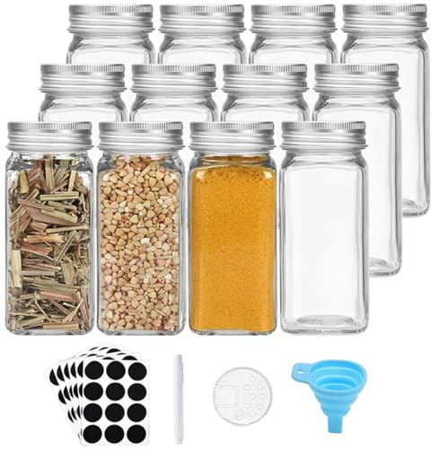sengcengs Gewürzgläser Eckig Set Mit Deckel [12x 120ml], Gewürzstreuer mit Streueinsatz und Schwarzen Etiketten, Gewürz Organizer & Gewürzdosen, Hochwertige Gewürzbehälter