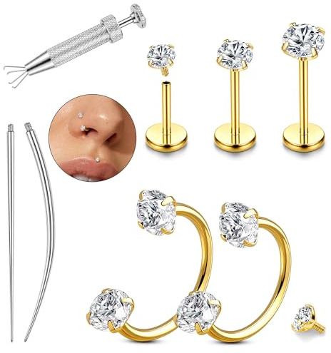 LOLIAS 16/18G Nasenpiercing Gold Piercing Ohr Helix Hufeisen Silber | 16G/18G Body Piercing Jewelry with Tragus Labret Ohrstecker Septum Lippenpiercing Schmuck for Damen