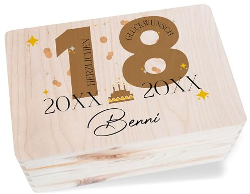 Erinnerungsbox - Holzkiste zum 18. Geburtstag Geschenkbox mit Namen für Männer & Frauen | Ideal für Geburtstagskarten zum 18ten Geldgeschenke persönliche Geschenke | Geschenkverpackung für den