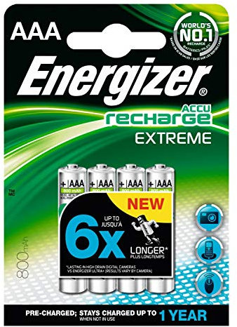 Energizer 635751 Akku, Extreme, 4 Stück, Nickel-Metall-Hydrid, 800 mAh, 1,2 V, AAA, 5
