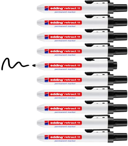 edding retract 11 Permanentmarker - schwarz - 10 Stifte - Rundspitze 1,5-3 mm - wasserfest, schnell-trocknend - für einfache Einhandbedienung - für Karton, Kunststoff, Holz, Metall, Glas