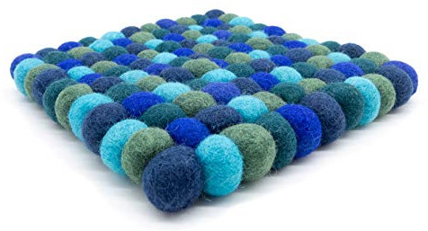feelz Filzuntersetzer aus Filzkugeln Quadratisch türkis blau 100% Wolle Handarbeit Topfuntersetzer bunt (15x15cm)