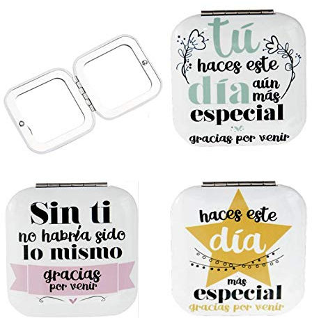Spiegel mit Sprüchen „Merci par Venir“ – Spiegel mit originellen Sprüchen – preiswerte Originale für Details, Andenken, Geschenke, Geburtstag, Hochzeit, Taufe und Kommunion, 30 Stück