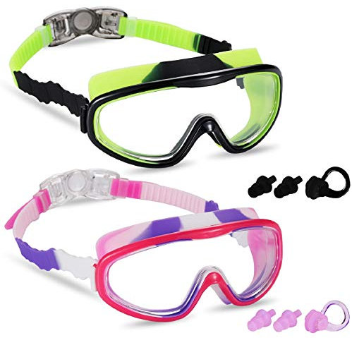 Yizerel 2 Pack Kids Swim Goggles, Swimming Glasses for Children and Early Teens from 3 to 15 Years Old, Wide Vision, Anti-Fog, Waterproof, UV Protection