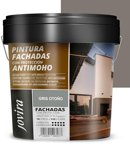 JOVIRA PINTURAS PINTURA FACHADAS ANTIMOHO. Repelente al agua, impermeable y anti fisuras. (15 Litros, Gris Otoño)